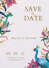 Editable invitation card template vector with watercolor peacocks and flowers illustration