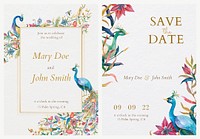 Editable invitation card templates psd with watercolor peacocks and flowers illustration