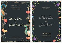 Editable invitation card templates psd with watercolor peacocks and flowers illustration