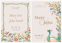Editable invitation card templates psd with watercolor peacocks and flowers illustration