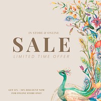 Editable shop ad template vector with watercolor peacocks and flowers illustration with limited time offer sale text