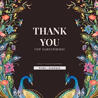 Editable shop ad template vector with watercolor peacocks and flowers illustration with thank you text