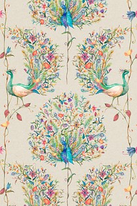 Pattern background psd with watercolor peacock and flower illustration