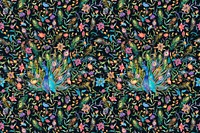 Pattern background psd with watercolor peacock and flower illustration