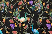 Pattern background psd with watercolor peacock and flower illustration
