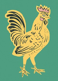 Vintage yellow rooster psd bird linocut style