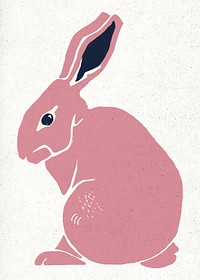 Pink rabbit psd animal vintage linocut illustration