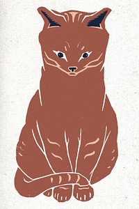 Brown cat animal vintage linocut drawing