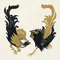 Gold black rooster psd animal vintage drawing set