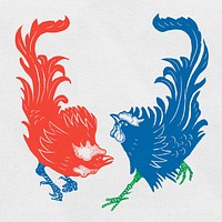 Vintage roosters psd linocut animal clipart collection