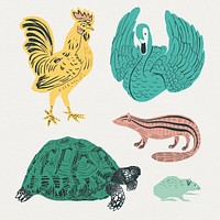 Vintage animals psd linocut style collection