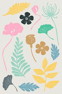 Vintage blooming flowers psd colorful linocut style illustration set