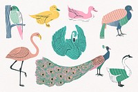 Vintage birds psd linocut style set