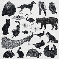 Animals psd black linocut stencil pattern drawing set