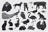 Animals psd black linocut stencil pattern drawing set