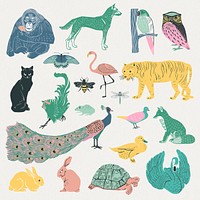 Vintage animals psd linocut style set