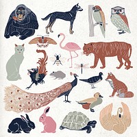 Vintage wild animals drawing psd collection