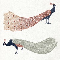 Vintage peacocks exotic birds psd linocut collection