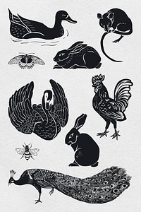 Animals psd black linocut stencil pattern drawing collection