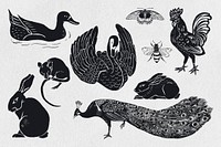 Animals psd black linocut stencil pattern drawing set