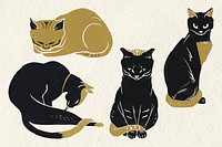 Vintage cats psd animal gold black linocut illustration collection