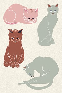 Vintage cats psd drawing linocut style collection