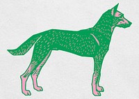 Green dog vintage linocut painting clipart