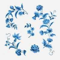 Psd blue floral branches vintage botanical illustration