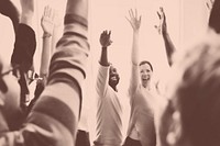 Startup diverse business team hands raised monochrome