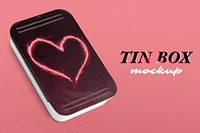 Black tin box mockup psd pink heart shape fire 