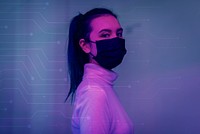 Pink neon girl wearing face mask in new normal