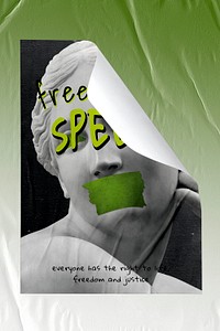 &#39;Freedom of Speech&#39; psd social movement crinkled poster on the wall mockup