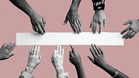 Diverse hands touching white paper mockup pink wallpaper