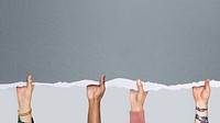 Multicultural hands holding a gray mockup paper wallpaper