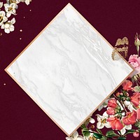 Elegant valentine&#39;s flowers frame watercolor on red marble background