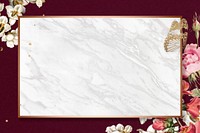 Elegant valentine&#39;s flowers psd frame watercolor on red marble background