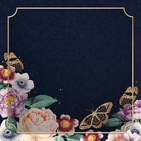 Floral colorful peony psd gold frame watercolor navy blue background