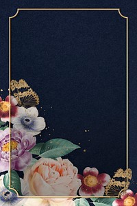 Floral colorful peony psd gold frame watercolor navy blue background