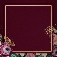 Luxury colorful flowers psd gold frame watercolor red background