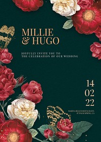 Editable psd green floral wedding invitation card template in vintage style