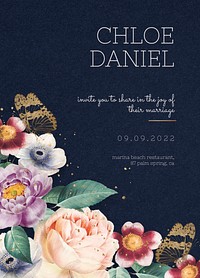 Editable psd blue Valentines floral invitation card template vintage style