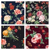 Botanical colorful roses psd flower pattern collection