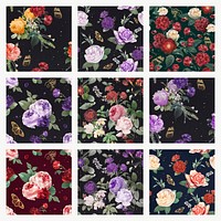 Floral colorful roses psd pattern vintage illustration set