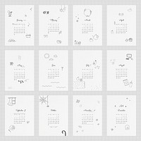 Calendar 2021 printable template psd monthly set cute doodle drawing