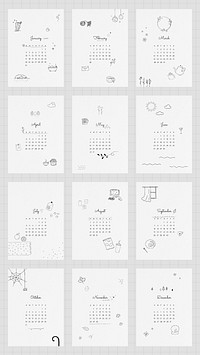 Calendar 2021 printable template vector set cute doodle drawing