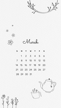 March 2021 mobile wallpaper vector template cute doodle drawing
