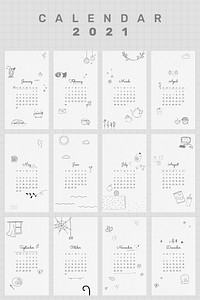 2021 calendar printable template vector monthly set cute doodle drawing