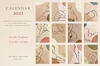 2021 calendar printable template psd set sketched nude lady background
