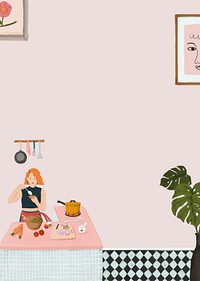 Girl cooking pink background cute lifestyle drawing banner