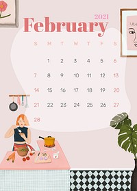 Calendar 2021 February printable agenda hand drawn lifestyle